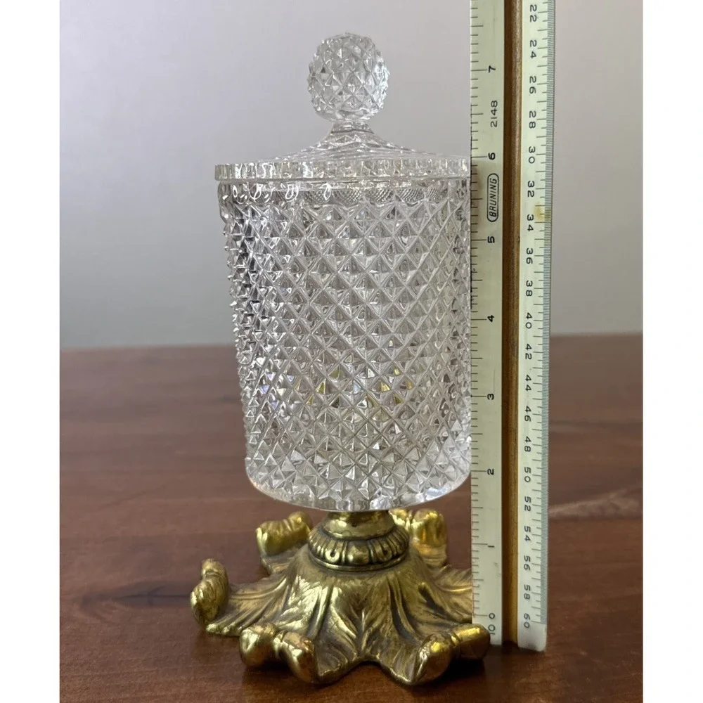 Rare VTG MCM  Diamond Cut Glass Apothecary Jar Hollywood Regency Gold Pedestal